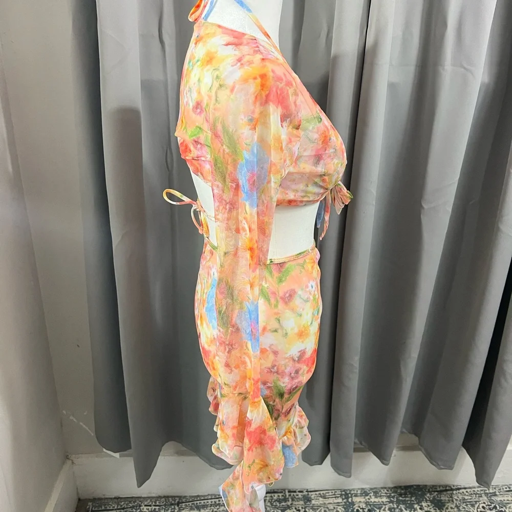 New 4 Piece Bikini Top Skirt Cover Up Tropical Pink Orange Yellow Cruise‎ Sz S